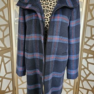 LOFT Navy and Red Plaid Trench Coat